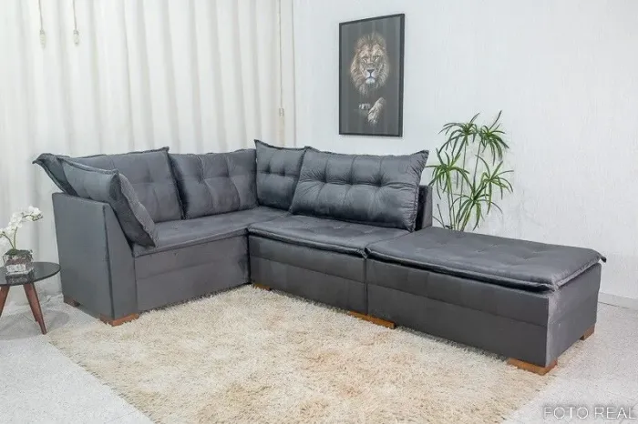 Sofá de Canto 5 Lugares com Puff Veludo Cinza