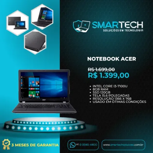 Notebook Acer acore i3 7100, 8gb memória, ssd 240gb