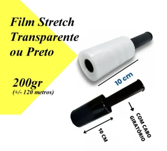 Filme Stretch c/ Cabo Aplicador 10cm X 120 Metros Transparente ou Preto