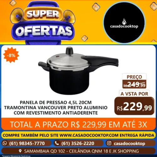 PANELA DE PRESSAO 4,5L 20CM TRAMONTINA VANCOUVER PRETO ALUMINIO 20591420
