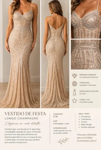 Vestido de festa importado, em tom champagne/nude,bordadode alto brilho