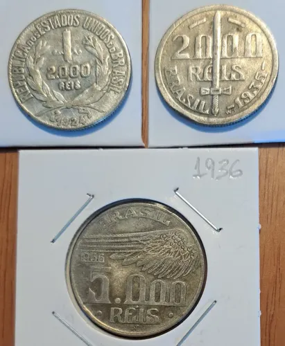 3 moedas de prata - 2000 Réis 1924 e 1935 e 5000 Réis 1936 - raridade bem conservadas