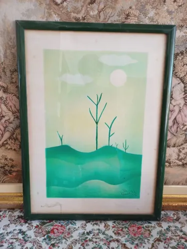 Quadro gravura natureza De Chrocka morta aproximadamente 60cm com biografia artista atrás 