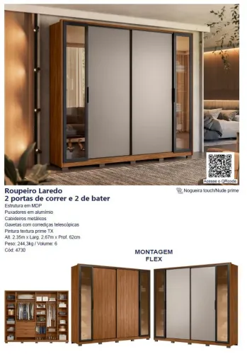 GUARDA ROUPA LAREDO CASAL 2 PORTAS DE CORRER 2 DE BATER