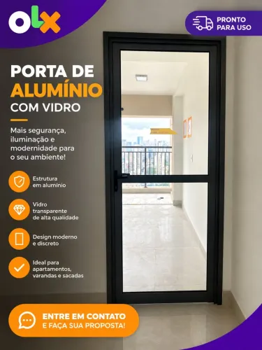 Porta de Alumínio Cinza com Vidro - Excelente Estado