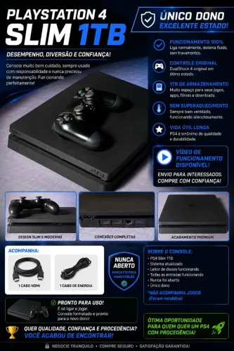 PS4 Slim 1TB | Excelente Estado | Único Dono | Nunca Aberto | Pronto para Uso