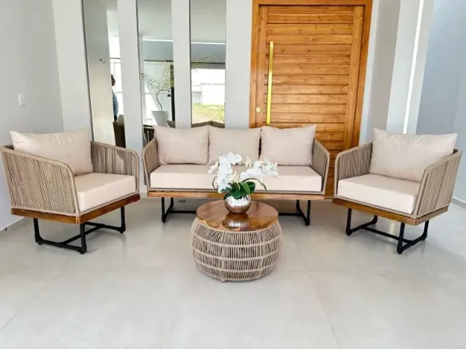 CONJUNTO DE SOFÁ AMERICA COM BORDA EM MADEIRA TECA