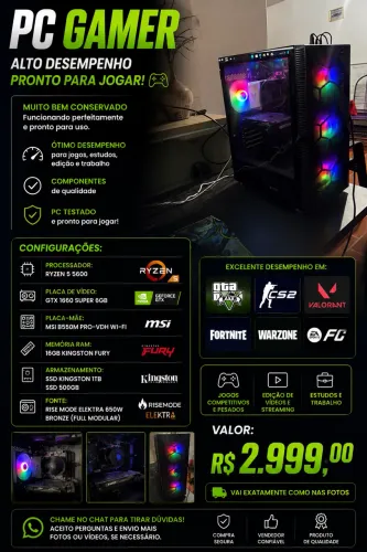 Computador Gamer Amd Ryzen 5 5600 Com 1tera 500gb Ssd 16ram