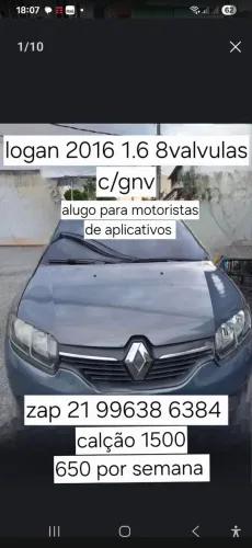 Alugo logan 1.6 8v 2016 c/ gnv para motoristas de aplicativos.