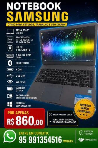 Notebook Samsung, tela 15, i3 de 7 geração, HDD de 1 terabyte, bateria excelente 