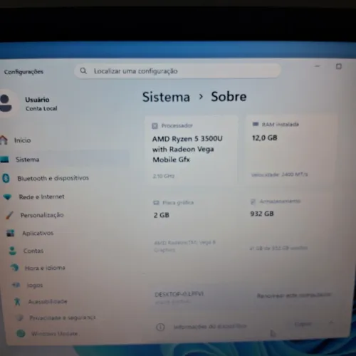Notebook Acer Ryzen 5 3500u 12gb de RAM e 1TB de HD
