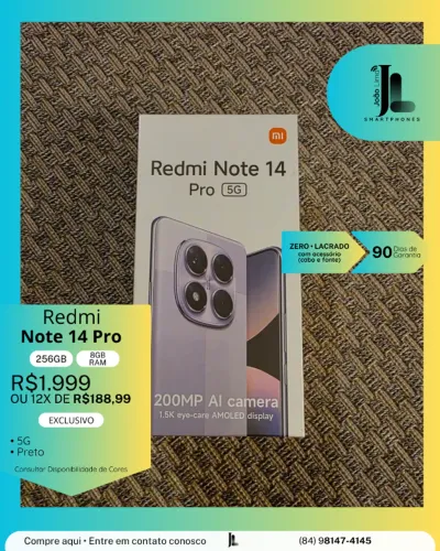 REDMI NOTE 14 PRO, 256GB, 8GB RAM, LACRADO, EXCLUSIVO!
