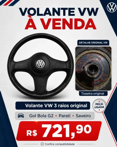 Volante VW 3 Raios Original Gol Bola G2 Parati Saveiro