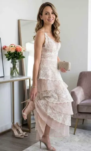 Vestido de Festa Mídia/Longo de Renda com Babados - Off-White/Nude