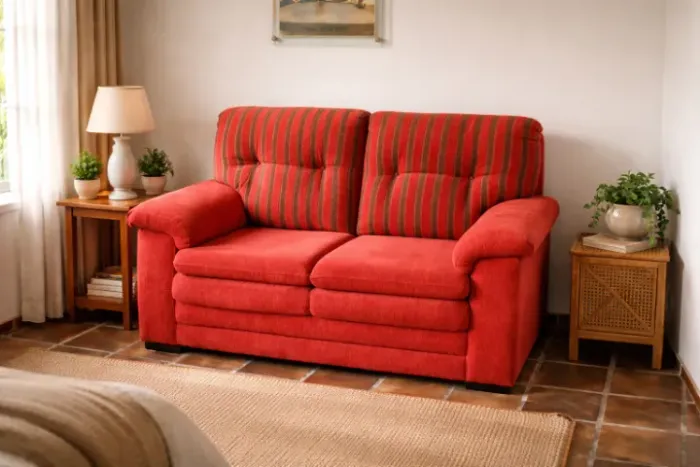 Sofá 2 lugares em chenile vermelho e marrom