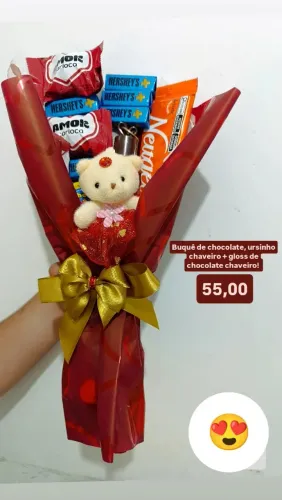 Buquê de chocolate+ gloss de chocolate+ ursinho chaveiro 