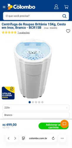 Centrífuga de Roupas Britânia 15Kg, Cesto em Inox, Branco - BCR15B