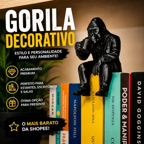 Gorila Decorativo Tomando Café - Estilo Moderno para Estante e Escritório