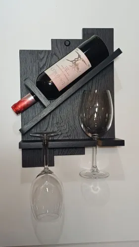 Suporte Adega de Parede para Vinho com Porta Taças em MDF Preto