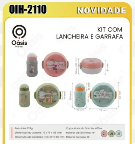 kit de lancheira e garrafa redonda com peso total de 224g capacidade da garrafa de 400ml