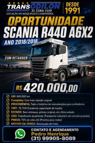 Scania R440 A6x2, 2018/2018 com retarder