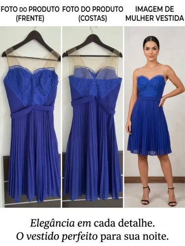 Vestido de Festa Midi Azul Royal com Renda Guipir e Saia Plissada
