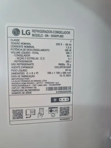 Geladeira inox LG modelo gn b392plm2