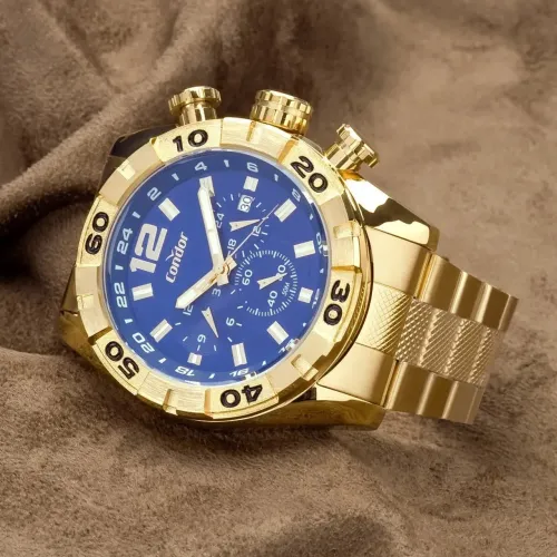 Relógio Condor Masculino Dourado Cronógrafo Fundo Azul