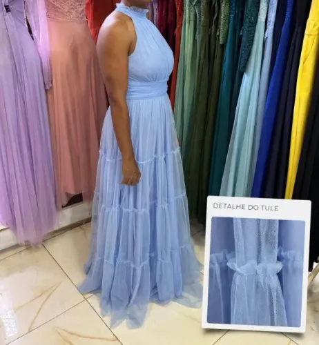 VESTIDO DE FESTA AZUL CLARO HALTER - SAIA EM TULE