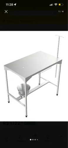 Mesa inox para atendimento veterinário + balde inox + suporte de soro