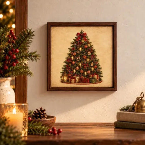Quadro Decorativo Natal Vintage Árvore Moldura 20x20