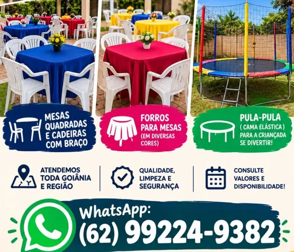 Aluguel de mesas, forros e pula-pula