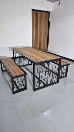 Conjunto de Mesa de Jantar com Bancos Laterais no Estilo Industrial Teia