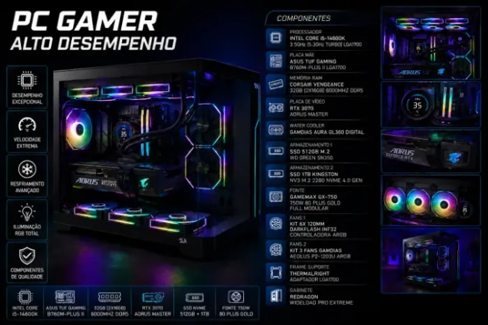 PC Gamer i5 14600K + 32GB DD5, 1.5TB SSD, Com RTX 3070 Aorus Master Display LCD