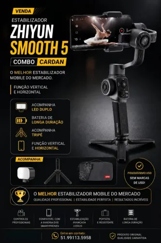 Gimbal Estabilizador Zhiyun Smooth 5 combo cardan para smartphone, melhor que Dji Osmo