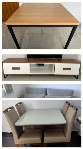 Mesa de jantar, sofá e rack