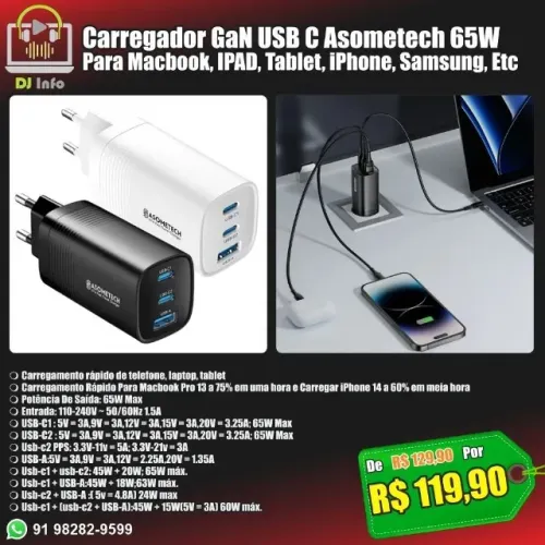 Carregador GaN USB C Asometech 65W Para Macbook, IPAD, Tablet, iPhone, Samsung, Etc