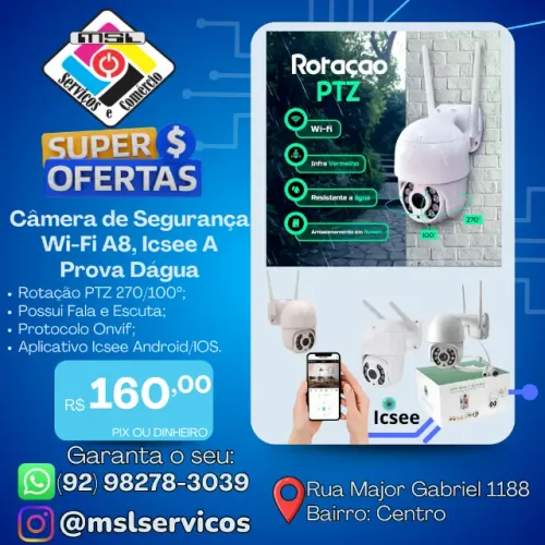 Câmera de Segurança Wi-Fi A8 PTZ iCSee - À Prova D'Água | Rotação 270°/100°