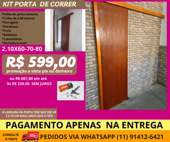 Porta Correr suspensa completa acabamento de madeira eucalipto-frete a combinar