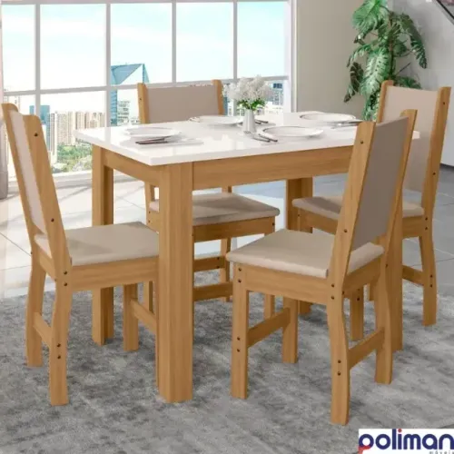 Mesa de Jantar Bellagio 108x68 Tampo Off White 4Cd Freijó Savana Poliman - Entrega Rápida!