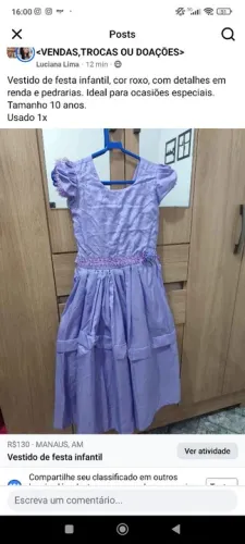 Vestido de Festa Infantil - Roxo - Tamanho 10 anos