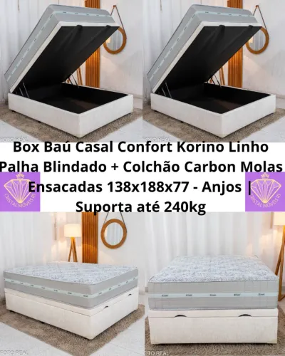 Box Baú Casal Prime Confort Korino Linho Palha Blindado - Issacar + Colchão Casal Carbon M