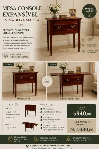MESA CONSOLE EXPANSÍVEL EM MADEIRA MACIÇA