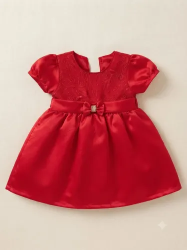 Vestido Bebê Menina Festa Vermelho Cetim Laço Strass Tamanho G - Pouco Usado