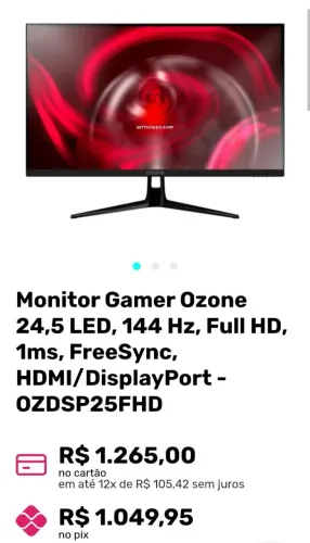 Monitor Gamer Ozone 24,5" Full HD 144Hz - OZDSP25FHD