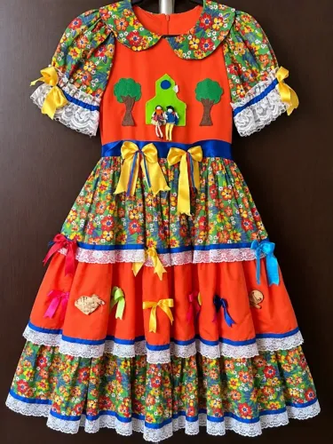 Vestido Caipira / Festa Junina Colorido com Apliques e Retalhos