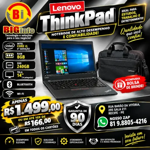 Notebook Lenovo ThinkPad T460 Core i5 6th 8GB RAM 240GB SSD - Em ate 10x Fixas