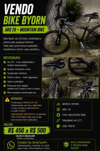 VENDE-SE BIKE BYORN ARO 29<br>Mountain Bike Byorn - aro 29, cor preta.