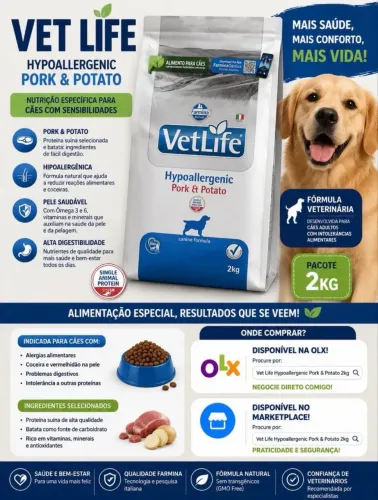 Ração hipoalergenica pork e potato vetlife