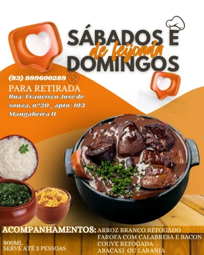 Feijoada em mangabeira completa! 900ml serve até 2 pessoas!